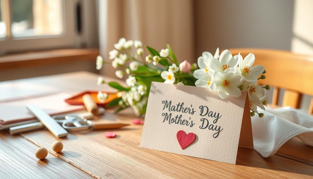 A warm, cozy interior scene with a handmade card, some simple craft supplies, and a bouquet of fresh spring flowers on a wooden table. Soft, natural lighting filters in through a window, casting a gentle glow. The card features a heartfelt, hand-written message for Mother's Day. Delicate patterns and textures add visual interest, while the overall atmosphere radiates a last-minute, homemade charm. The composition emphasizes the simplicity and sincerity of a last-minute gift idea, capturing the spirit of celebrating motherhood.