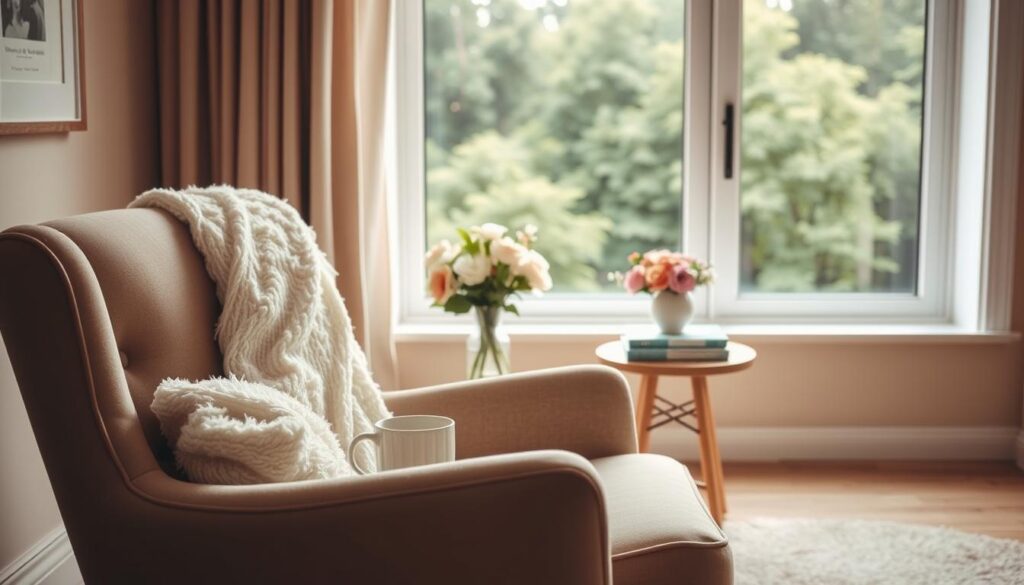 A warm, cozy interior with a comfortable armchair in the foreground. On the armchair, a soft, fluffy blanket and a mug of hot tea or coffee. In the middle ground, a side table with a vase of fresh flowers and a stack of baby books. The background features a calming, pastel-colored wall with a large window overlooking a lush, green outdoor scene. The lighting is soft and inviting, creating a serene, nurturing atmosphere perfect for a new mother's moment of respite.