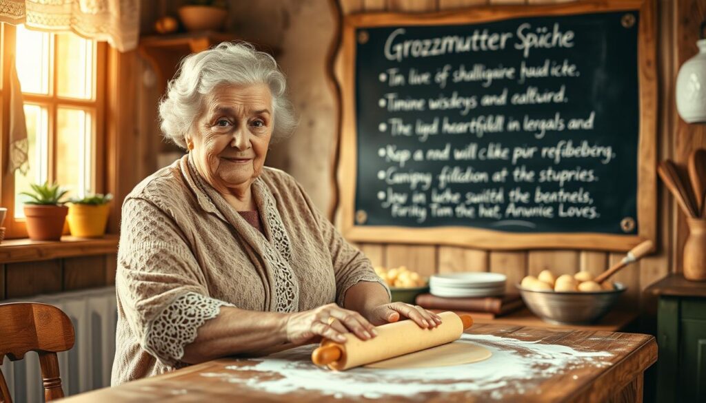A warm, cozy kitchen filled with the aroma of freshly baked cookies. An elderly woman, her kind wrinkled face framed by a delicate lace shawl, stands at a wooden table, rolling out dough with a gentle touch. Sunlight filters through a nearby window, casting a soft, golden glow over the scene. The woman's eyes sparkle with wisdom and experience, a lifetime of cherished memories reflected in her serene expression. Behind her, a chalkboard wall displays heartfelt "Großmutter Sprüche" - timeless wisdom and heartfelt advice passed down through generations. The overall atmosphere is one of comfort, tradition, and the profound love and guidance that grandmothers provide.