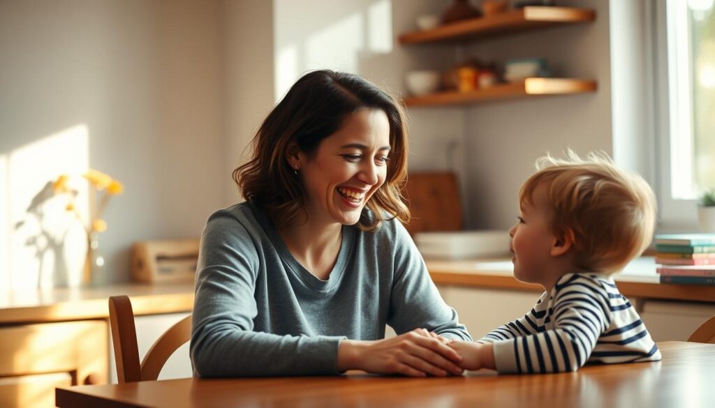 A warm, cozy kitchen scene with a mother sitting at the table, laughing as she interacts with her young child. Soft, natural lighting filters in through a nearby window, casting a gentle glow. The mother's expression is joyful, her body language relaxed and open. The child's face is animated, reflecting the playful exchange. In the background, a few simple, homely items like a vase of flowers or a stack of children's books suggest the domestic setting. The overall mood is one of lighthearted affection, highlighting the importance of humor and levity in the day-to-day moments of motherhood.