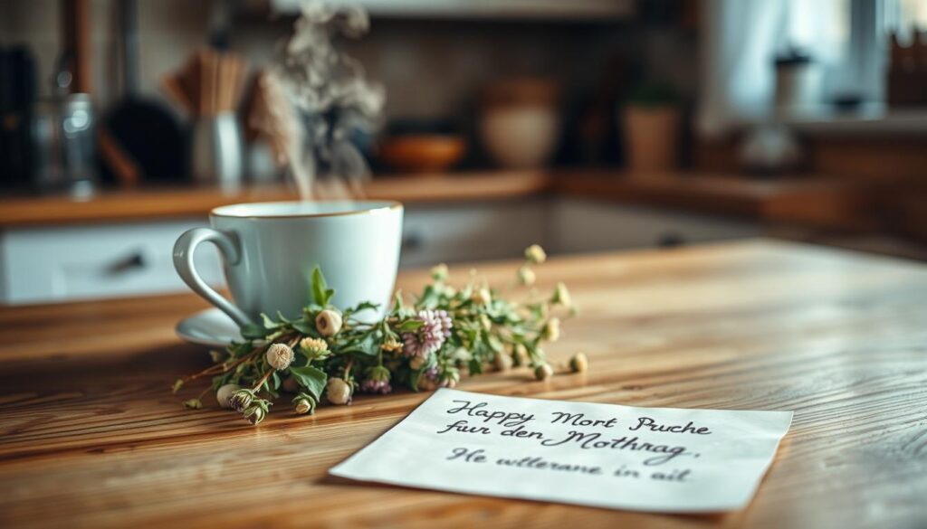 A warm, cozy kitchen scene with a wooden table in the foreground, featuring a handwritten note in a rustic script. In the middle ground, a cup of tea or coffee steams gently, surrounded by a handful of loose-leaf herbs and wildflowers. The background is softly blurred, hinting at the comforting presence of a caring mother figure. The overall mood is one of heartfelt emotion and a touch of whimsy, capturing the essence of "emotionale Sprüche für den Muttertag".