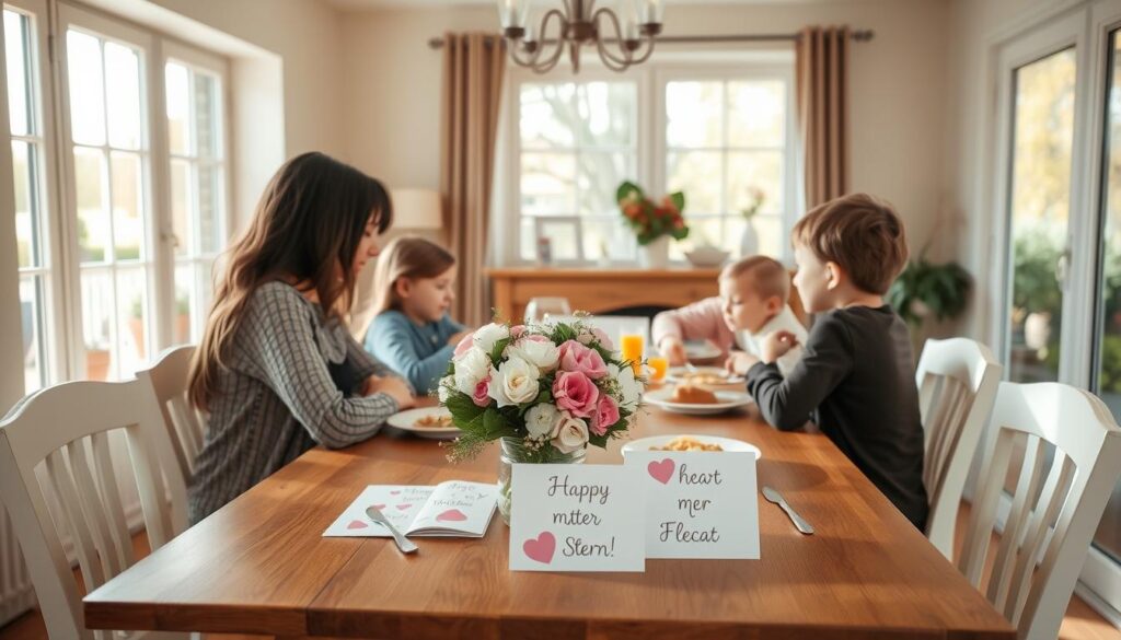 A warm, cozy living room on a sunny Muttertag morning. In the foreground, a mother and her children sit around a wooden table, enjoying a homemade breakfast together. Middle ground showcases a floral centerpiece and personalized cards, conveying the heartfelt celebration. The background features large windows allowing natural light to pour in, creating a serene, intimate atmosphere. Soft, muted tones and a sense of familial comfort permeate the scene, highlighting the special occasion of honoring and cherishing the maternal figure.