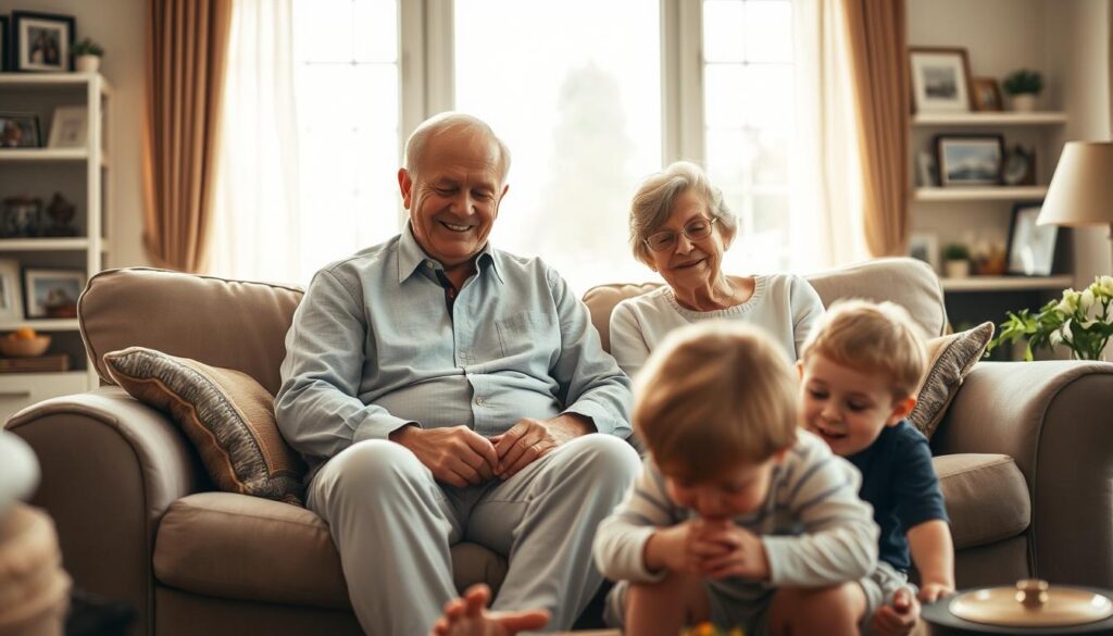 A warm, cozy living room scene depicting the central role of grandparents in a family. In the foreground, an elderly couple sit comfortably on a plush sofa, their faces alight with joy as they interact with their young grandchildren playing at their feet. Soft, natural lighting filters in through large windows, casting a gentle glow over the intimate gathering. The background features family photos and keepsakes, reflecting the deep bonds and cherished memories shared across generations. An atmosphere of love, wisdom, and intergenerational connection pervades the image, capturing the profound significance of grandparents within the family dynamic.