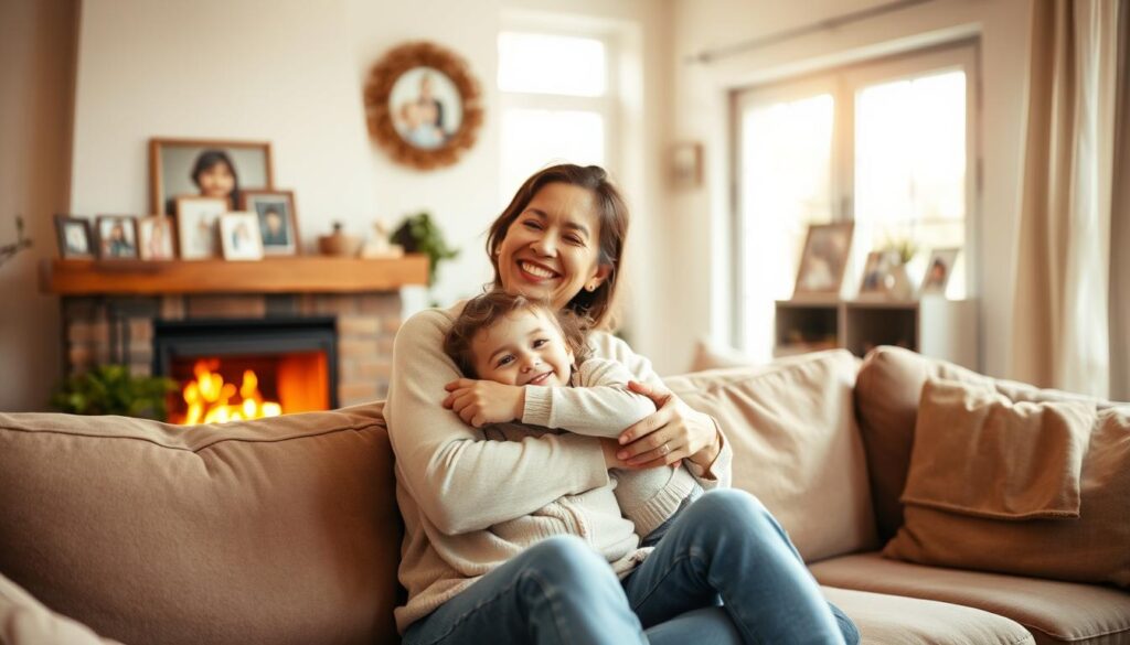 A warm, cozy living room scene featuring a loving mother and her child celebrating together. In the foreground, the pair sit on a plush couch, sharing a heartfelt embrace as the mother smiles joyfully. Soft, natural lighting filters in through large windows, casting a golden glow across the room. In the background, a welcoming fireplace crackles, and family photographs decorate the walls, reflecting the cherished memories they've built. An atmosphere of contentment and affection permeates the space, capturing the essence of a mother's unconditional love.