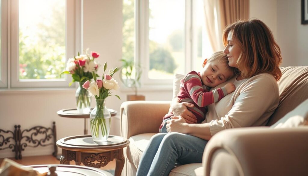 A warm, cozy living room scene on a sunny spring day. In the foreground, a mother and young child sit together on a plush sofa, the child's head resting on the mother's lap as they share a tender embrace. Soft, diffused light filters in through large windows, casting a gentle glow on their faces. In the middle ground, a vase of freshly cut flowers sits on an ornate wooden side table, symbolizing the nurturing, life-giving nature of motherhood. The background depicts a lush, verdant garden visible through the window, suggesting the growth, renewal and cherished memories that the Mother's Day celebration represents. An atmosphere of love, comfort and appreciation permeates the scene.