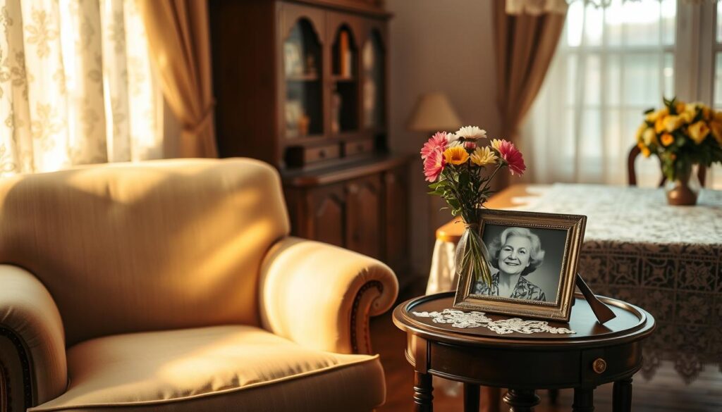 A warm, cozy living room scene with a cozy armchair and an old-fashioned wooden side table. On the table, a vase of freshly-picked flowers and a vintage-style photo frame holding a black-and-white portrait of a smiling elderly woman. Soft, golden lighting filters through lace curtains, creating a gentle, nostalgic atmosphere. In the background, a delicate, hand-embroidered lace tablecloth adorns a wooden dining table, hinting at the loving care and tradition of a family home. The overall mood is one of cherished memories, family warmth, and the enduring bond between grandmothers and their loved ones.