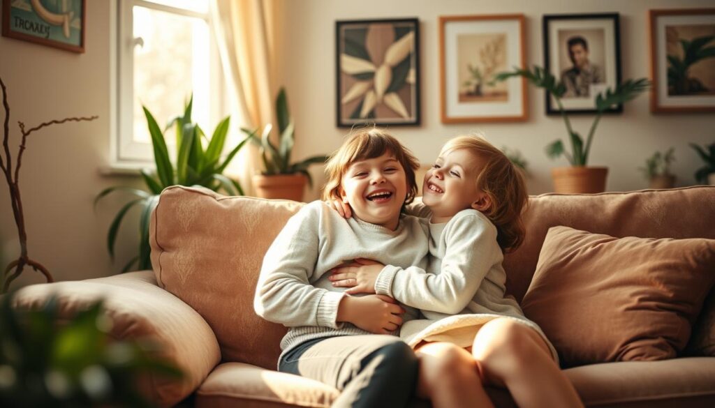 A warm, cozy living room scene with a mother and child sitting on a plush couch, sharing a heartfelt moment. Soft, natural lighting filters through a nearby window, casting a gentle glow on their faces. The child is beaming, excitedly expressing their appreciation for their mother, who is smiling tenderly and embracing them. Framed artwork, houseplants, and cozy textiles create a inviting, homely atmosphere. The overall mood is one of love, gratitude, and cherished connection.