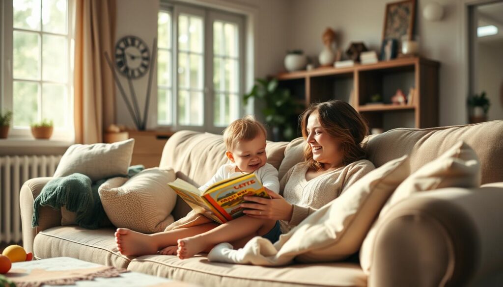 A warm, cozy living room scene with a mother lounging on a comfortable sofa, laughing heartily while reading a book to her young child, who is giggling and playfully interacting. The room is filled with soft, natural lighting filtering through large windows, creating a luminous and inviting atmosphere. Subtle details like mismatched throw pillows, a well-worn quilt, and a few scattered toys evoke a sense of homey, lived-in charm. The overall mood is one of genuine amusement, intimacy, and the joyful embrace of the challenges and delights of motherhood.