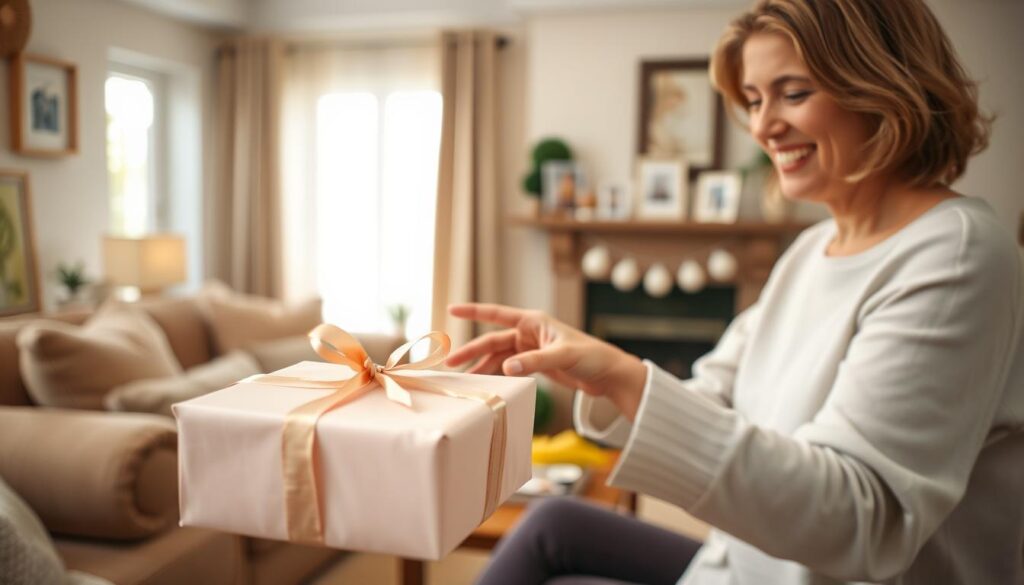 A warm, cozy living room scene with a mother receiving a heartfelt gift from her child. The foreground features a beautifully wrapped present in soft pastel tones, tied with a delicate ribbon. The middle ground shows the mother's hands reaching out to accept the gift, her face radiating joy and gratitude. The background depicts a tastefully decorated room with plush furnishings, a fireplace, and a few sentimental family photos, creating a comforting, intimate atmosphere. Gentle, natural lighting filters through the window, casting a soft, diffused glow throughout the space. The overall mood is one of love, appreciation, and cherished memories.