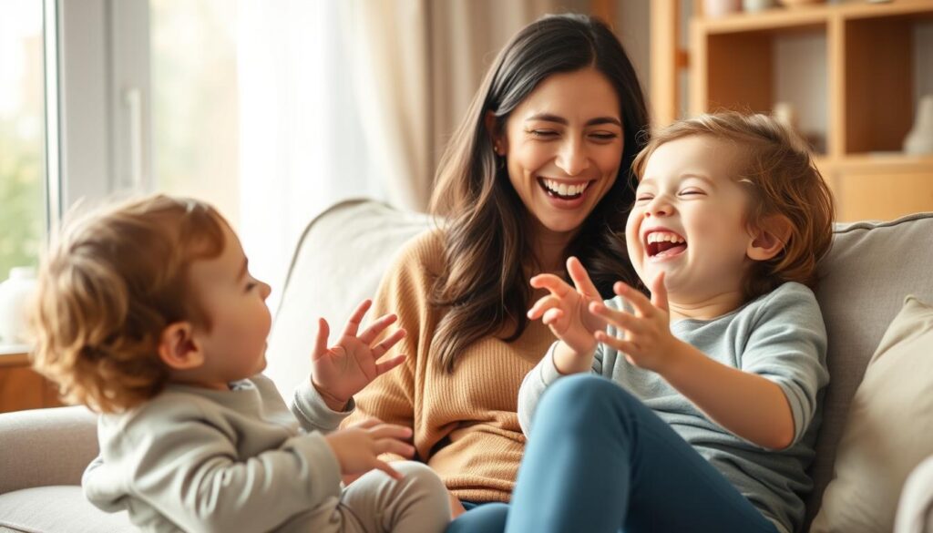 A warm, cozy living room scene with a mother sitting on a cozy sofa, laughing heartily while playing a silly game with her young child. Soft, natural lighting illuminates the joyful moment, creating a sense of intimacy and comfort. The mother's expression is radiant, her eyes crinkled with delight as she shares a lighthearted moment with her little one. The child's infectious giggles and playful gestures add to the overall sense of playful, familial warmth. The background is blurred, allowing the focus to remain on the heartwarming interaction between mother and child, celebrating the power of humor in the journey of motherhood.