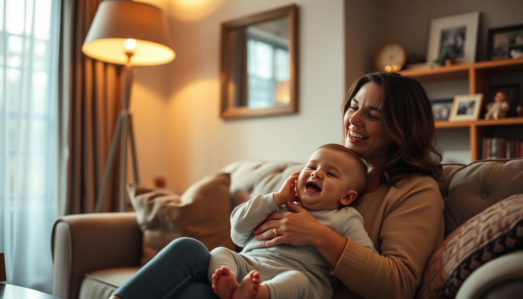 A warm, cozy living room scene with a mother sitting on a plush sofa, playfully tickling her giggling toddler. Soft, diffused lighting from a floor lamp and a large window casts a gentle glow, creating an intimate, joyful atmosphere. In the background, framed family photos and a well-worn bookshelf suggest a loving, lived-in home. The mother's expression is one of pure delight, her eyes crinkled with laughter as she shares a lighthearted moment with her child. The overall mood conveys the importance of humor and laughter in the daily life of a mother, fostering a strong bond and cherished memories.