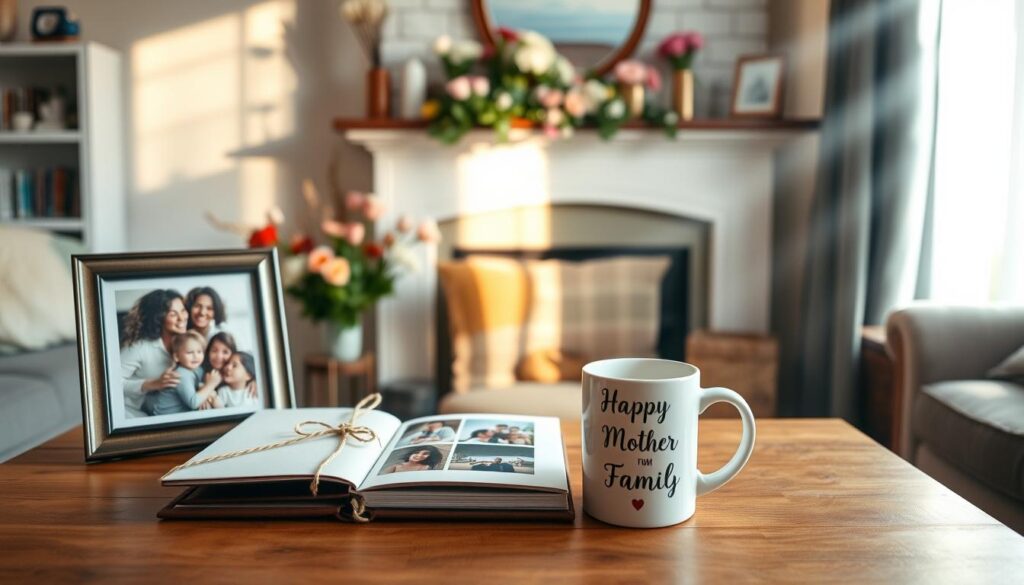 A warm, cozy living room scene with a wooden table in the foreground. On the table, an array of Fotogeschenke zum Muttertag - a framed family portrait, a handcrafted photo album, and a personalized mug with a heartfelt message. The background features a fireplace mantle adorned with fresh flowers and family keepsakes, casting a soft, golden glow. Rays of sunlight stream through a nearby window, creating a serene, intimate atmosphere. The overall scene conveys a sense of love, gratitude, and celebration for the beloved mother figure.