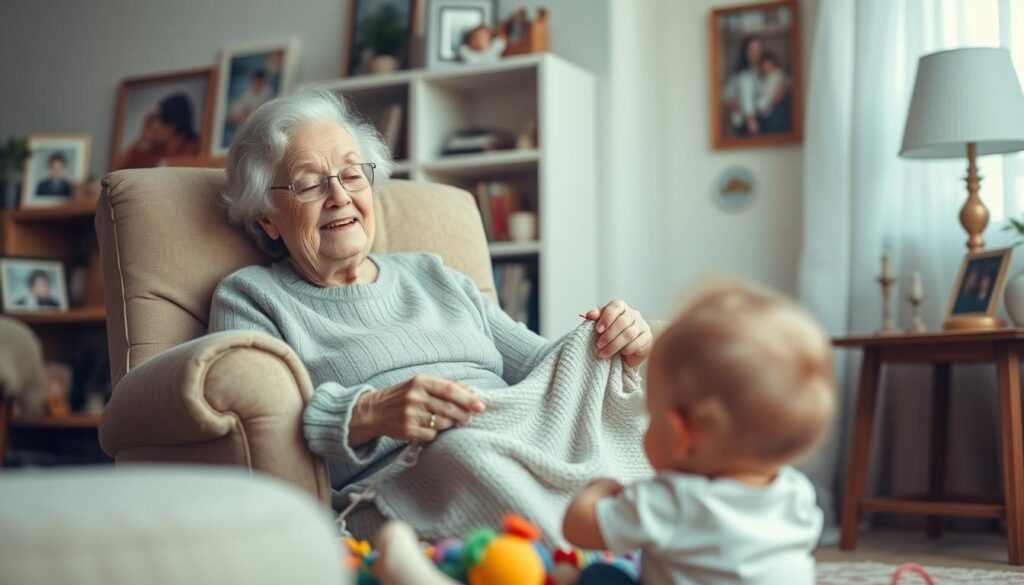 A warm, cozy living room scene with an elderly grandmother sitting in a comfortable armchair, knitting. Soft, diffused lighting creates a gentle, nurturing atmosphere. In the foreground, a young child sits at her feet, playing with toys and looking up at the grandmother with adoration. The grandmother's hands guide the knitting needles with practiced ease, her expression radiating a sense of patience and unconditional love. In the background, family photos and memorabilia adorn the walls, hinting at a lifetime of cherished moments and the profound impact grandmothers have on their families. The overall composition evokes a feeling of intergenerational connection, comfort, and the enduring influence of a grandmother's role in shaping our lives.