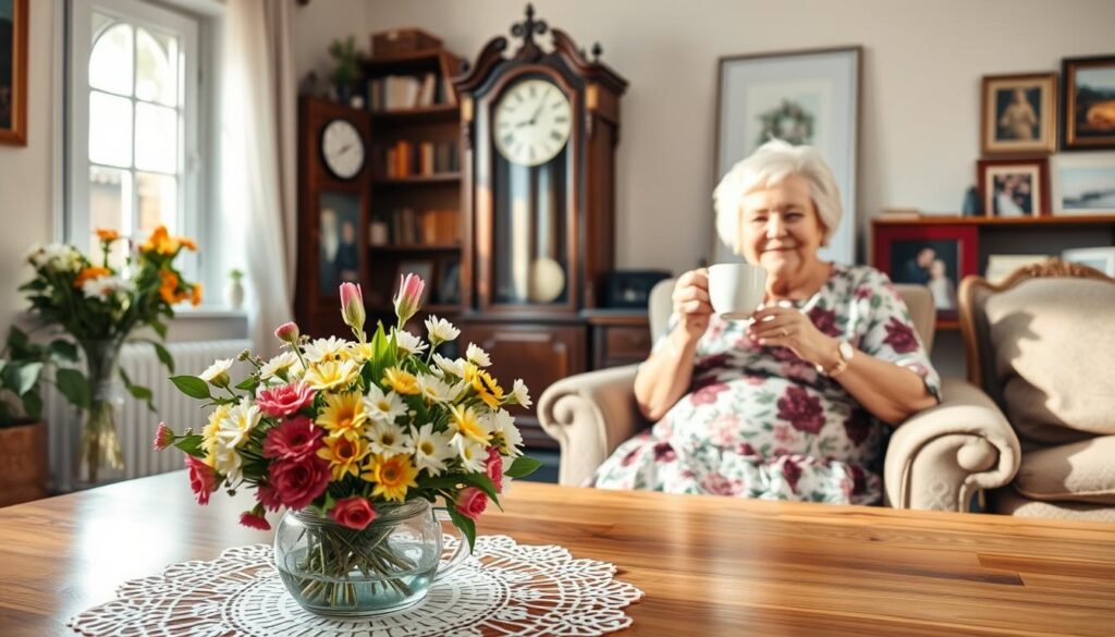 A warm, cozy living room setting on a spring morning, with sunlight streaming through the windows. In the foreground, a beautiful bouquet of freshly picked flowers sits on a wooden table, surrounded by a delicate lace doily. In the middle ground, an elderly woman in a floral dress is sipping tea, her face radiating joy and contentment. The background features a grandfather clock, bookshelves, and family photographs, creating a sense of tradition and cherished memories. The overall atmosphere is one of quiet celebration, as the woman prepares to embark on her Muttertag, or Mother's Day festivities.