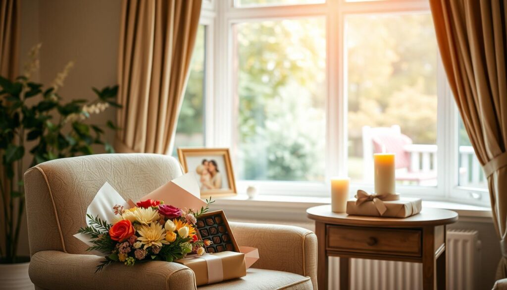 A warm, cozy living room setting with a comfortable armchair in the foreground. On the chair, an assortment of thoughtful Mother's Day gifts, including a bouquet of fragrant flowers, a box of artisanal chocolates, and a beautifully wrapped present. The middle ground features a wooden side table with a framed family photograph and a lit candle, casting a soft, ambient glow. In the background, a large bay window overlooking a lush, sun-dappled garden, creating a tranquil, serene atmosphere. The overall composition conveys a sense of love, appreciation, and the thoughtful celebration of motherhood.