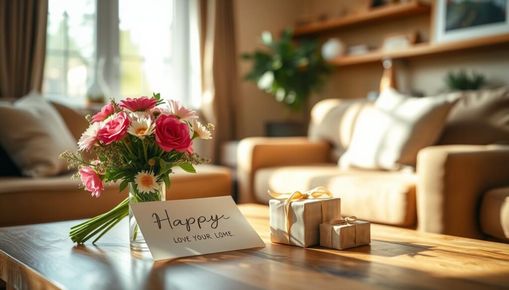 A warm, cozy living room, sunlight spilling through the windows. On a wooden table, a bouquet of freshly picked flowers, a handmade card, and a small wrapped gift - simple yet heartfelt surprises for a beloved mother. The room exudes a sense of love and appreciation, a celebration of the special bond between a child and their parent. The composition is intimate, focused on the table and its contents, with the background softly blurred to draw the eye to the meaningful gestures. Soft, diffused lighting casts a gentle glow, evoking feelings of comfort and gratitude.