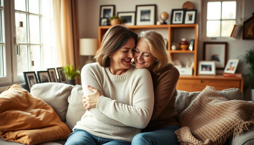 A warm, cozy living room where a loving couple shares a tender embrace, surrounded by mementos of their cherished memories. Soft, natural lighting filters in through large windows, casting a gentle glow on their faces. Plush pillows and a cozy throw blanket create a inviting ambiance, while framed photographs and trinkets on the shelves reflect their shared journey. The pair's expressions radiate genuine affection and contentment, capturing the essence of their "gemeinsame Erlebnisse" - the meaningful experiences that have strengthened their bond over time.