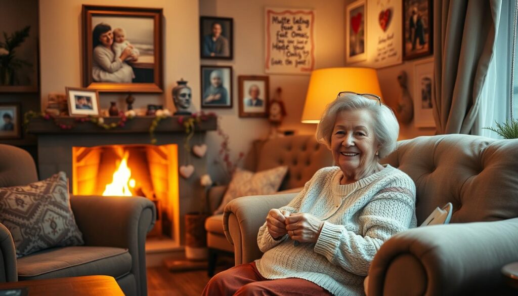 A warm, cozy living room with plush armchairs and a fireplace, illuminated by soft, golden lighting. In the foreground, a smiling elderly woman sits knitting, surrounded by framed photos and handmade crafts, representing the loving bond between grandmothers and their families. The walls are adorned with heartfelt, handwritten notes and messages of appreciation, conveying the joy and gratitude that "Muttertag für Omas" brings. The overall atmosphere is one of comfort, nostalgia, and the cherished traditions passed down through generations.