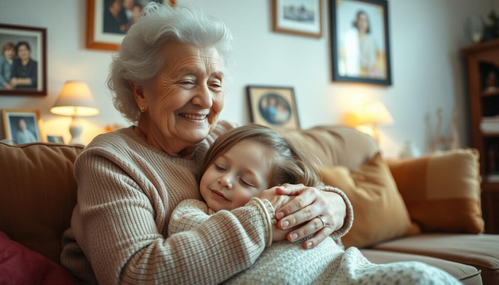 A warm, cozy living room with soft lighting. In the foreground, an elderly grandmother sits on a couch, lovingly embracing her young granddaughter who nestles into her side. The grandmother's face radiates tenderness and joy, her wrinkled hands gently stroking the child's hair. The granddaughter's eyes are closed, a serene expression on her face as she savors the comfort and security of her grandmother's presence. In the background, family photographs and knick-knacks suggest a lifetime of shared memories. The atmosphere is one of deep, intergenerational affection and the unbreakable bond between an Oma and her Enkelkind.