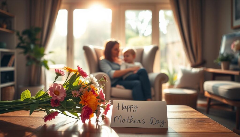A warm, cozy scene depicting the meaningful celebration of Mother's Day. In the foreground, a bouquet of vibrant flowers and a heartfelt handwritten card rest on a wooden table, radiating a sense of thoughtfulness and care. The middle ground features a serene, sun-dappled living room, with soft, comforting lighting and a plush armchair where a mother figure sits, cradling a young child in a tender embrace. In the background, the scene is framed by a large, inviting window, offering a glimpse of a tranquil garden outside, symbolizing the nurturing, life-giving essence of motherhood. The overall mood is one of contentment, gratitude, and the deep, timeless bond between a mother and child.