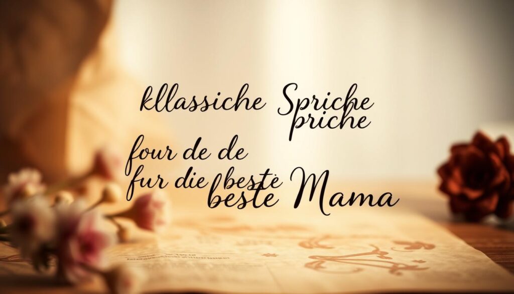 A warm, cozy scene featuring a handwritten calligraphic text in a serif font, styled as a heartfelt message from a child to their beloved mother. The text is centered on a softly textured, earthy-toned paper or parchment background, perhaps with a subtle watercolor wash or floral motif. The foreground is well-lit with a gentle, natural-looking light source, casting soft shadows and highlights that lend depth and dimension to the composition. The background is blurred, creating a sense of depth and focus on the central message. The overall mood is one of affection, gratitude, and timeless elegance, reflecting the classic, heartfelt nature of the "klassische Sprüche für die beste Mama".