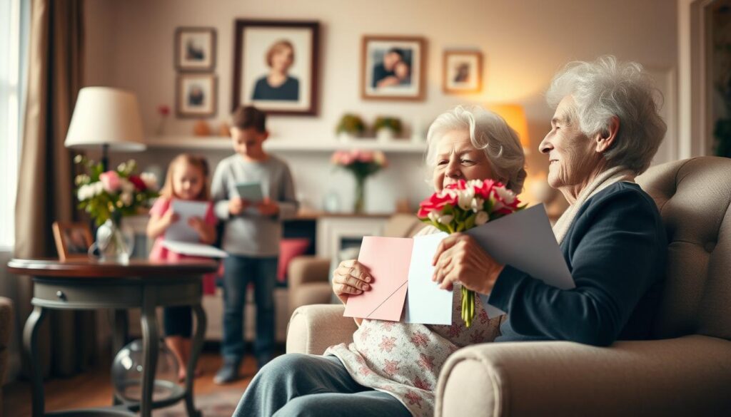 A warm, cozy scene of a grandmother and her grandchildren celebrating Mother's Day. In the foreground, the grandmother sits in a comfortable armchair, smiling tenderly as her grandchildren present her with homemade cards and flowers. The middle ground features a neatly decorated living room, with family photographs and a vase of freshly cut blooms on a side table. The background is softly blurred, conveying a sense of intimacy and togetherness. The lighting is gentle, casting a golden glow that enhances the heartfelt moment. The atmosphere is one of love, appreciation, and the special bond between grandparents and their grandchildren on this cherished holiday.