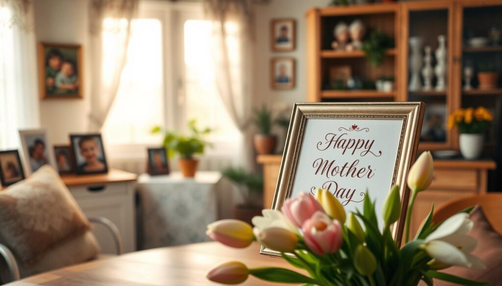 A warm, cozy scene of a kitchen or living room, with an elegant, framed Mother's Day greeting card propped up on a wooden table. Soft, natural lighting filters through lace curtains, casting a gentle glow. In the foreground, a bouquet of fresh spring flowers, perhaps tulips or lilies, arranged artfully in a vase. The background features family photographs, potted plants, and other homey decorations, creating a welcoming, domestic atmosphere. The overall mood is one of love, appreciation, and thoughtfulness, capturing the essence of a successful, heartfelt Mother's Day celebration.