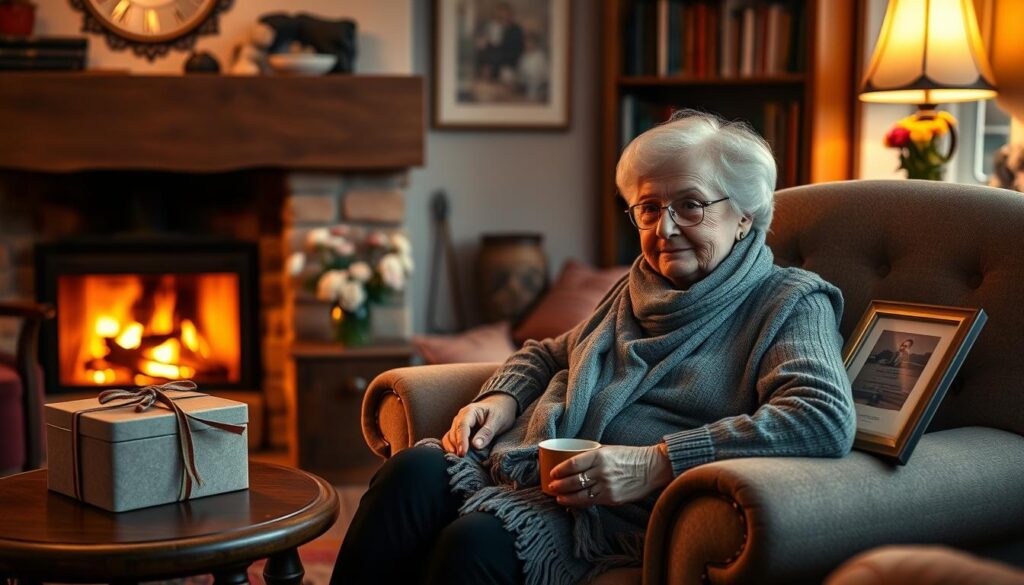 A warm, cozy scene of a living room in a traditional German home. In the foreground, an elderly woman sits in a plush armchair, surrounded by carefully selected gifts - a hand-knitted scarf, a tin of homemade cookies, and a framed family photo. Soft, ambient lighting casts a golden glow, creating an intimate and inviting atmosphere. In the middle ground, a wooden side table holds a steaming mug of tea and a vase of fresh flowers. The background features a crackling fireplace and bookshelves filled with well-worn volumes, hinting at a lifetime of stories and memories. The overall mood is one of comfort, gratitude, and the cherished bond between a grandmother and her family.