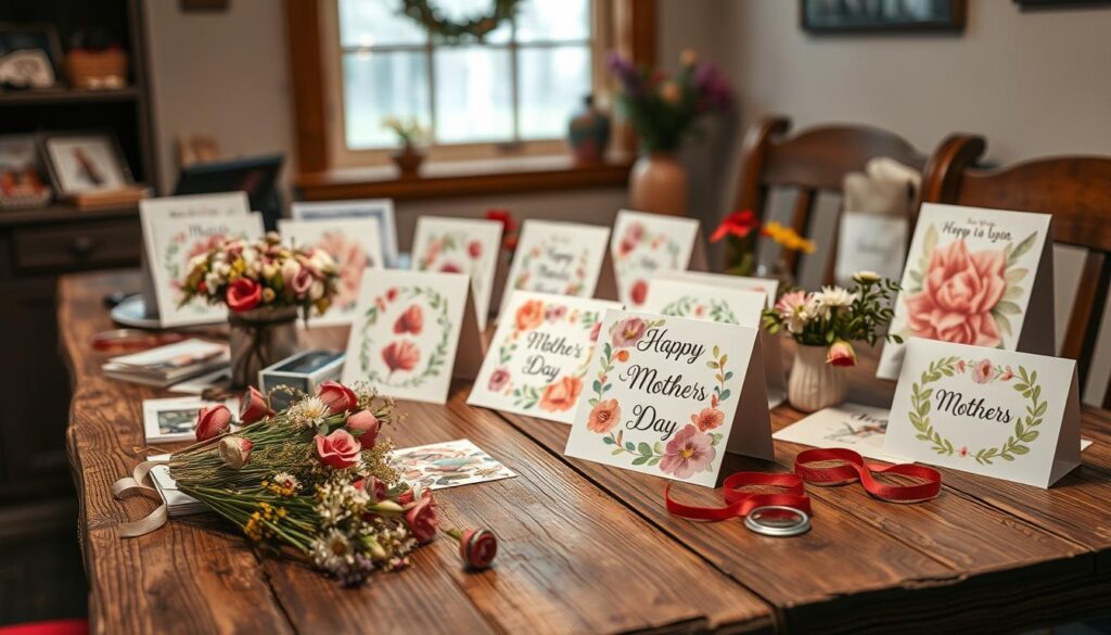 A warm, cozy scene of a rustic wooden table, adorned with an array of colorful, handmade Mother's Day cards. In the foreground, delicate floral arrangements, ribbons, and other crafting supplies spill across the table, hinting at the creative process. The middle ground features the cards themselves, each one uniquely designed with intricate patterns, vibrant watercolor paintings, and heartfelt messages. In the background, a soft, diffused light filters through a window, casting a gentle glow over the scene. The overall atmosphere evokes a sense of homemade charm, as if captured in the quiet moments of a Mother's Day celebration.