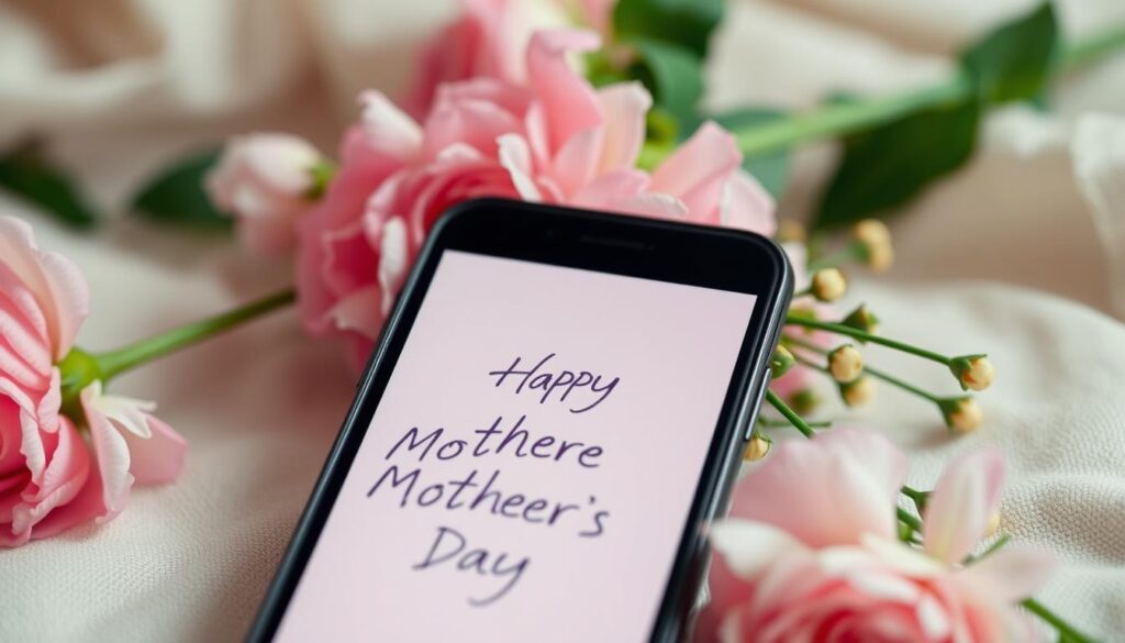 A warm, cozy scene of a smartphone displaying a heartfelt WhatsApp message for Mother's Day. In the foreground, the smartphone screen shows a thoughtful greeting against a soft, blurred background. The message appears handwritten in a gentle, cursive font, conveying a personalized, intimate tone. Surrounding the phone, a delicate arrangement of flowers, such as carnations or roses, adds a touch of elegance and care. The overall mood is one of affection, gratitude, and the special connection between a mother and child, captured in a digital yet heartfelt medium.