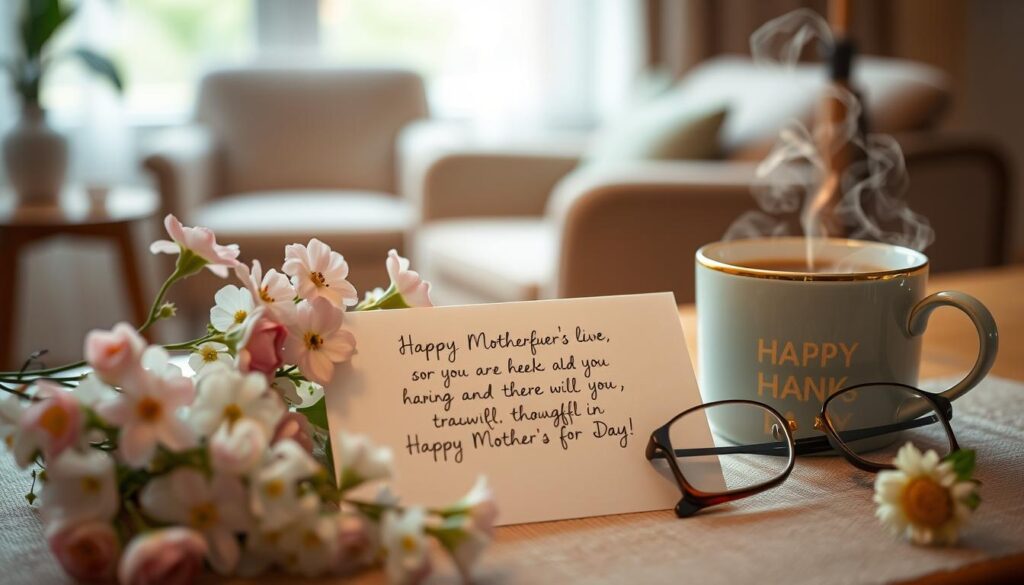 A warm, cozy scene showcasing thoughtful messages for grandmothers on Mother's Day. In the foreground, a delicate floral arrangement - fragrant blooms in soft pastel hues. Centered, a hand-written card with a heartfelt message, the text seemingly etched with care. Beside it, a pair of reading glasses and a steaming mug of tea, creating a comforting, intimate atmosphere. In the middle ground, a soft-focus background featuring a cozy armchair and a tasteful, minimalist interior. Gentle, diffused lighting bathes the scene, evoking a sense of tranquility and reflecting the loving, grateful sentiment. An image that captures the warmth and appreciation for a cherished grandmother on Mother's Day.