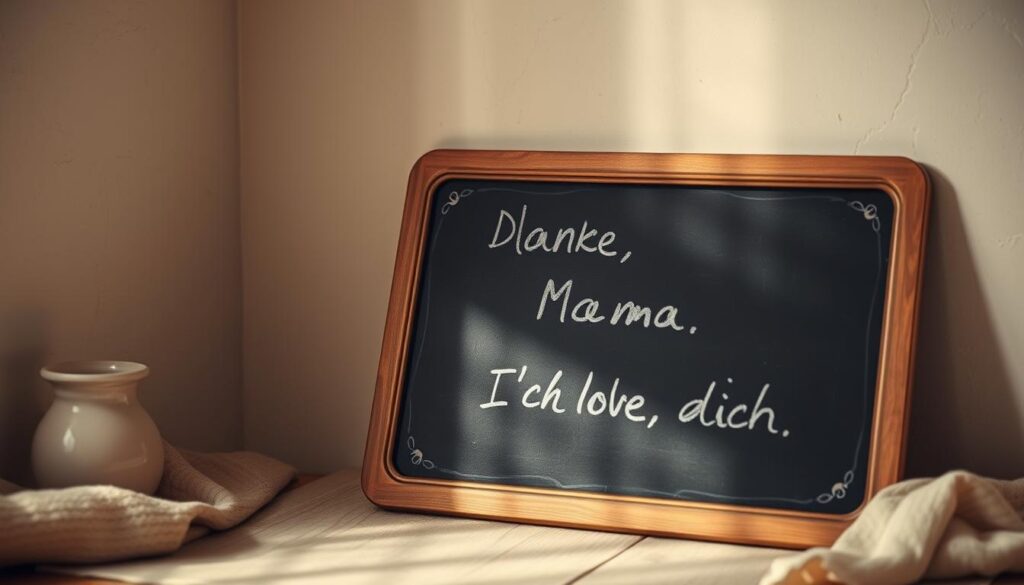 A warm, cozy setting with a vintage chalkboard in the foreground, handwritten in cursive with short, heartfelt Mother's Day phrases in German such as "Danke, Mama" and "Ich liebe dich". The chalkboard is propped up against a soft, neutral-colored wall, creating a sense of simplicity and intimacy. Soft, diffused lighting illuminates the scene, casting gentle shadows and highlighting the organic textures of the materials. The overall mood is one of thoughtfulness, appreciation, and the deep bond between a mother and child.