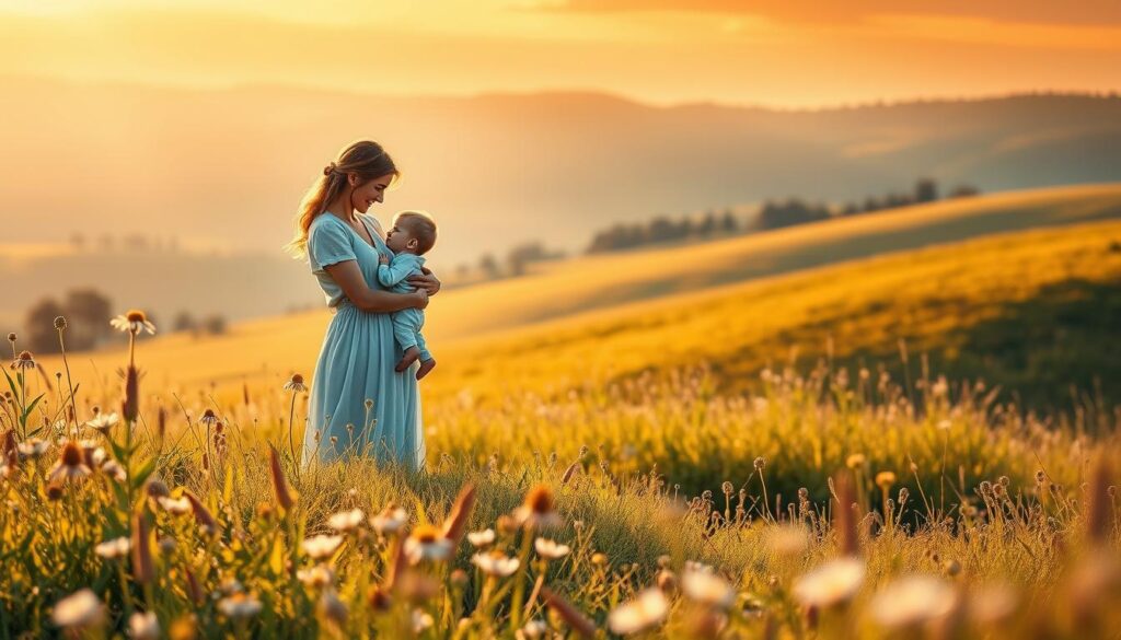 A warm, dreamy landscape depicting the deeper meaning of Mother's Day. In the foreground, a serene meadow with wildflowers gently swaying in a soft breeze. In the middle ground, a graceful mother figure embracing her child, their expressions radiating love and gratitude. The background depicts a lush, pastoral scene with rolling hills and a vibrant, golden-hued sky, evoking a sense of timelessness and cherished family traditions. Soft, diffused lighting casts a comforting glow over the entire composition, creating an atmosphere of profound appreciation and reverence for the maternal bond.