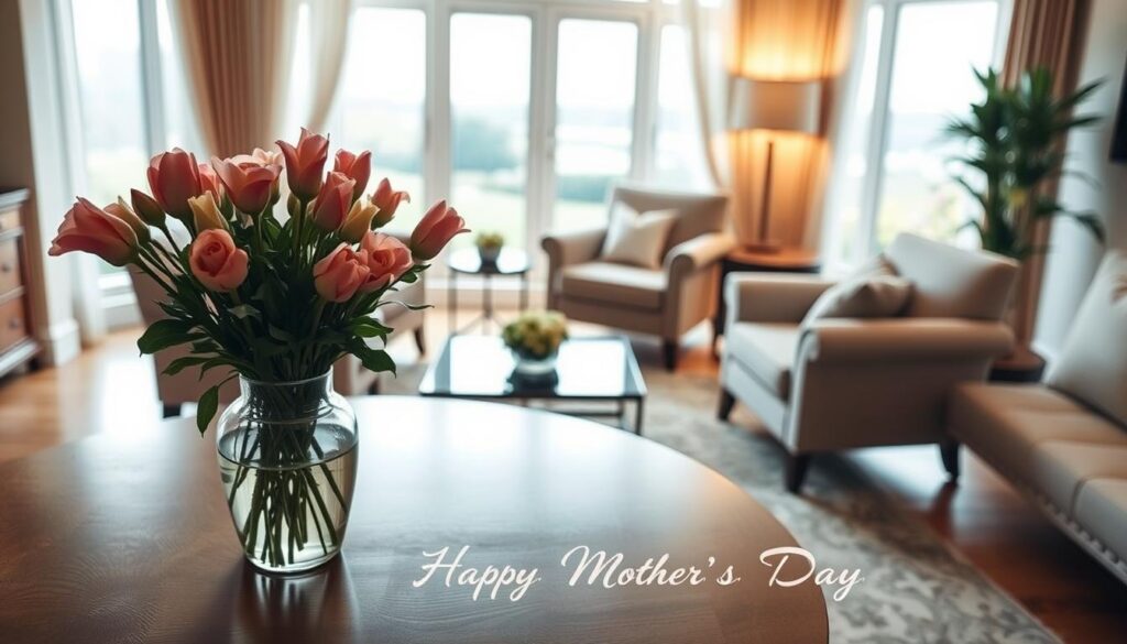 A warm, elegant composition depicting a tranquil, softly-lit living room setting. In the foreground, a bouquet of freshly-cut flowers in a vase sits atop a polished wood table, the petals gently swaying. The middle ground features comfortable, plush armchairs arranged in a cozy conversational grouping, creating an inviting atmosphere. The background showcases a large window framing a serene outdoor vista, allowing natural light to flood the space. The overall mood is one of quiet contemplation and maternal comfort, perfectly suited to illustrate the introduction to a collection of heartfelt Mother's Day sentiments.