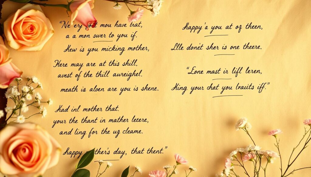 A warm, emotive scene depicting a series of handwritten, heartfelt mother's day quotes on parchment-like paper. The quotes are written in a flowing, cursive script with a hint of ink blots and smudges, conveying a sense of authenticity and personal touch. The paper is partially obscured by delicate, blooming floral arrangements such as roses, carnations, and baby's breath, adding a soft, ethereal atmosphere. Gentle, diffused lighting from an unseen source casts a muted, golden glow across the composition, heightening the contemplative, sentimental mood. The overall visual evokes a sense of gratitude, love, and appreciation for the special bond between a mother and child.