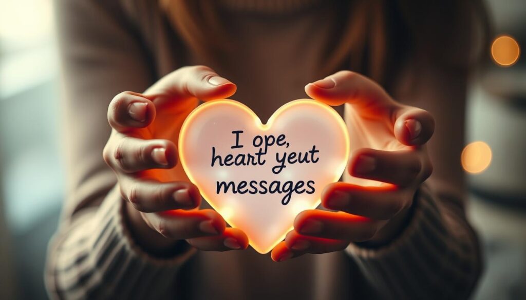 A warm, emotive scene of a woman's hands delicately holding a glowing heart-shaped message, symbolizing the power of heartfelt messages. Soft, diffused lighting illuminates the tactile, textured quality of the hands and the ethereal glow of the message. The composition places the message in the foreground, with a blurred, sentimental background suggesting a contemplative, introspective mood. The overall atmosphere evokes a sense of tenderness, intimacy, and the profound significance of emotional communication.