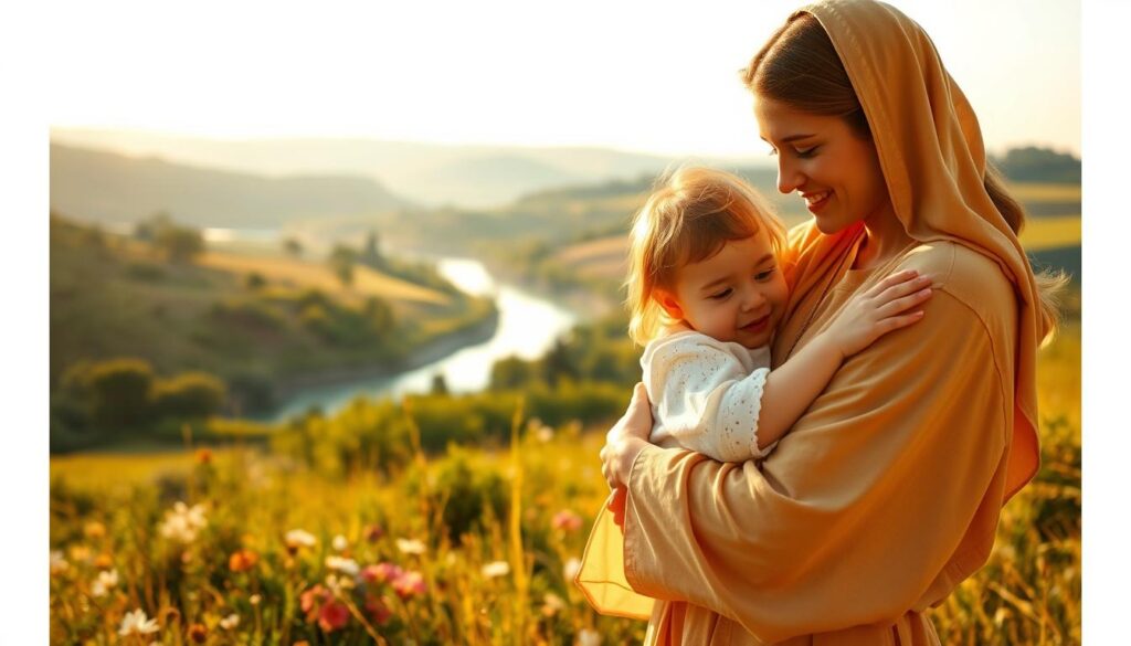 A warm, golden-hued scene depicting the origin of Mother's Day. In the foreground, a mother figure tenderly embraces her child, their expressions radiating love and gratitude. The middle ground features a pastoral setting with lush greenery, flowers, and a soft, glowing light illuminating the pair. In the background, a picturesque landscape unfolds, with rolling hills, a winding river, and a peaceful, idyllic atmosphere. The composition is balanced and harmonious, conveying a sense of timeless, heartfelt celebration of motherhood. Soft, natural lighting filters through the scene, creating a serene, contemplative mood.