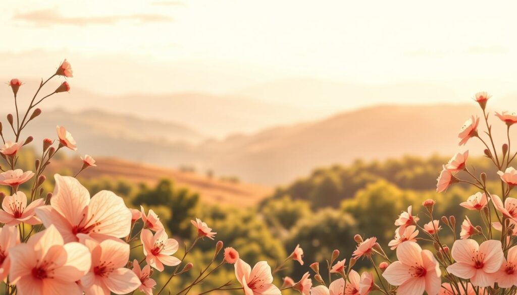 A warm, hand-crafted Mother's Day card scene with a soft, muted color palette. In the foreground, delicate floral illustrations bloom across the card's surface, petals flowing with a gentle elegance. In the middle ground, a serene landscape unfolds, rolling hills and vibrant greenery framing the card's design. The background features a soft, hazy sky with wispy clouds, bathed in a golden, afternoon glow. The overall mood is one of heartfelt appreciation, inviting the viewer to create a thoughtful, personalized Mother's Day message. Composition is balanced, with an emphasis on natural, organic forms and a cohesive, calming aesthetic.