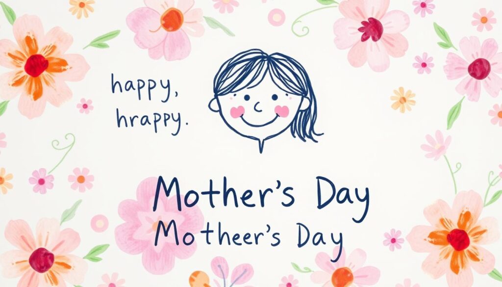 A warm, hand-drawn illustration of heartfelt Mother's Day wishes from a child's perspective. In the foreground, a cheerful child's drawing of their mother, rendered in a vibrant, whimsical style with loose, expressive brushstrokes. The child's writing, in a playful, crayon-like font, forms a border around the image, conveying affectionate Mother's Day messages. In the background, a soft, watercolor-inspired floral pattern in soothing pastel hues creates a gentle, nurturing atmosphere. Lighting is soft and diffused, evoking a sense of tender love and appreciation. The overall mood is one of childlike sincerity, capturing the pure, unconditional love a child has for their mother.