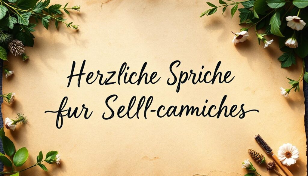 A warm, handwritten-style script sprawls across a rustic, textured paper background, framed by a border of lush greenery and delicate floral accents. The words "Herzliche Sprüche für Selbstgemachtes" are rendered in a calligraphic style, exuding a sense of heartfelt sentiment and craftsmanship. Soft, diffused lighting casts gentle shadows, creating a cozy, intimate atmosphere, as if the viewer is peering into a personal journal or handmade card. The overall composition evokes a feeling of homemade charm and personal expression, perfectly capturing the essence of the section title.