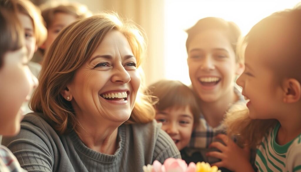 A warm-hearted family gathering on Mother's Day, with a mother and her children laughing together over a humorous shared moment. The scene is bathed in soft, golden lighting that creates a cozy, intimate atmosphere. In the foreground, the mother's face is animated with joy, her eyes crinkled and her mouth open in a genuine, belly-laugh. Her children, of varying ages, are gathered around her, their expressions mirroring her mirth. The background is hazy and out of focus, allowing the central figures to take center stage. The overall mood is one of lighthearted celebration, highlighting the importance of humor and laughter in strengthening the bond between mothers and their families.