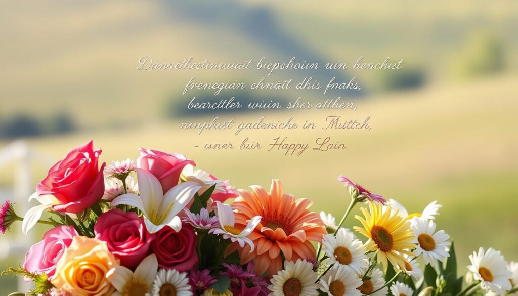 A warm, heartfelt illustration of "Dankesprüche zur Wertschätzung für Mütter". In the foreground, a bouquet of vibrant flowers - roses, lilies, and daisies - arranged with care, symbolizing the love and appreciation for mothers. The middle ground features a delicate cursive script, elegantly displaying heartfelt messages of gratitude and admiration. Soft, natural lighting bathes the scene, creating a serene and tranquil atmosphere. The background is a gentle, blurred landscape, allowing the flowers and lettering to take center stage. The overall mood is one of genuine thankfulness and reverence, capturing the essence of the "Herzliche Sprüche als Dankeschön" section.