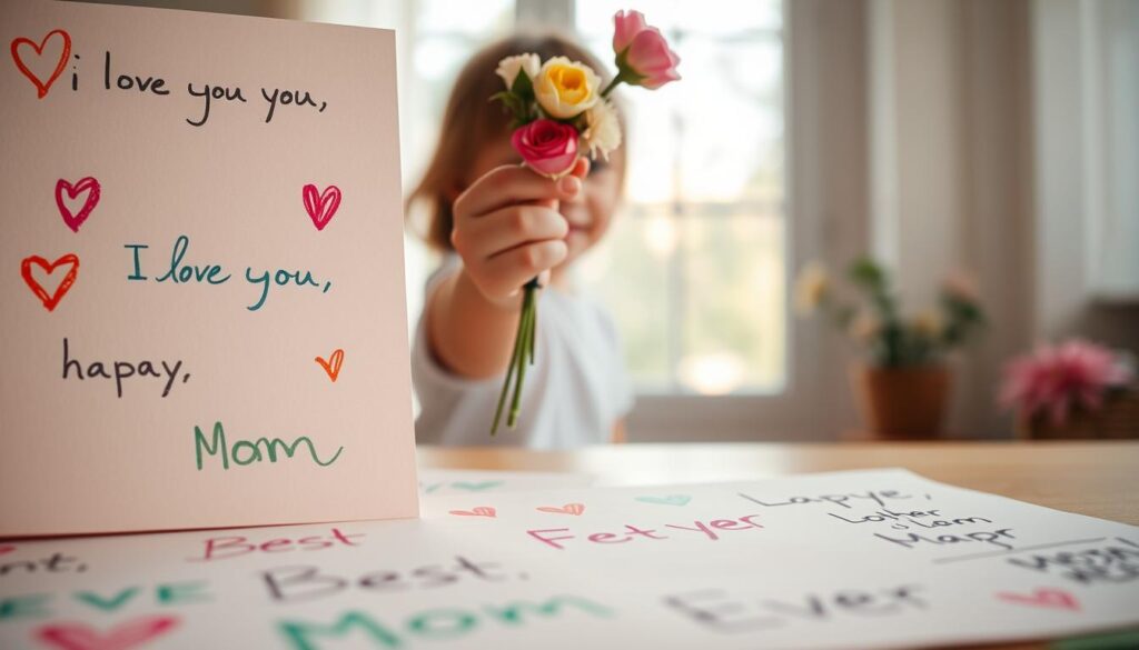 A warm, heartfelt scene of a child's handwritten Mother's Day messages. In the foreground, colorful crayon drawings and short, sincere phrases like "I love you, Mom" and "Best Mom Ever" adorn a pastel background. The middle ground features a child's hand carefully holding a simple flower bouquet, delicately capturing the innocent gift. In the soft, blurred background, a serene window allows natural light to pour in, creating a cozy, loving atmosphere. The lighting is soft and diffused, accentuating the tender, genuine emotion conveyed through the child's homemade tributes to their beloved mother.
