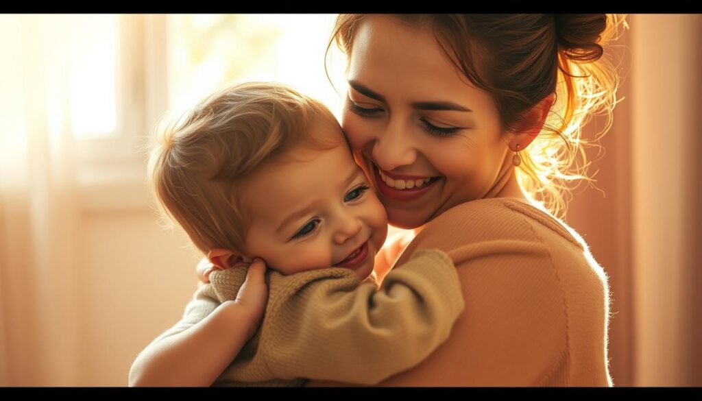 A warm, heartfelt scene of a mother and child embracing, set against a softly blurred, pastel-hued background. The mother's face radiates unconditional love and joy, her gentle smile and tender gaze conveying a profound sense of maternal affection. The child, nestled in the mother's arms, returns the embrace with a serene, content expression. Dappled sunlight filters through a window, casting a warm, golden glow that envelops the pair, creating an atmosphere of intimacy and comfort. The composition is balanced and harmonious, highlighting the deep, unbreakable bond between mother and child.