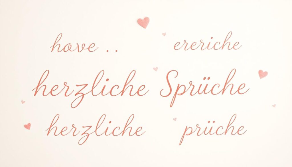 A warm, heartfelt scene of elegant handwritten "herzliche Sprüche" (heartfelt sayings) flowing across the frame in a calligraphic script, rendered in a soft, pastel color palette. The words appear to be gently written on a textured, off-white background, with subtle hints of natural fibers or light watercolor washes adding depth and a sense of artisanal craftsmanship. The overall composition has a tranquil, contemplative mood, inviting the viewer to pause and reflect on the meaningful, affectionate messages. Gentle, diffused lighting from an unseen source casts a gentle glow, creating a sense of intimacy and sincerity. The layout is balanced and harmonious, with the text organically flowing across the frame in a visually engaging manner.