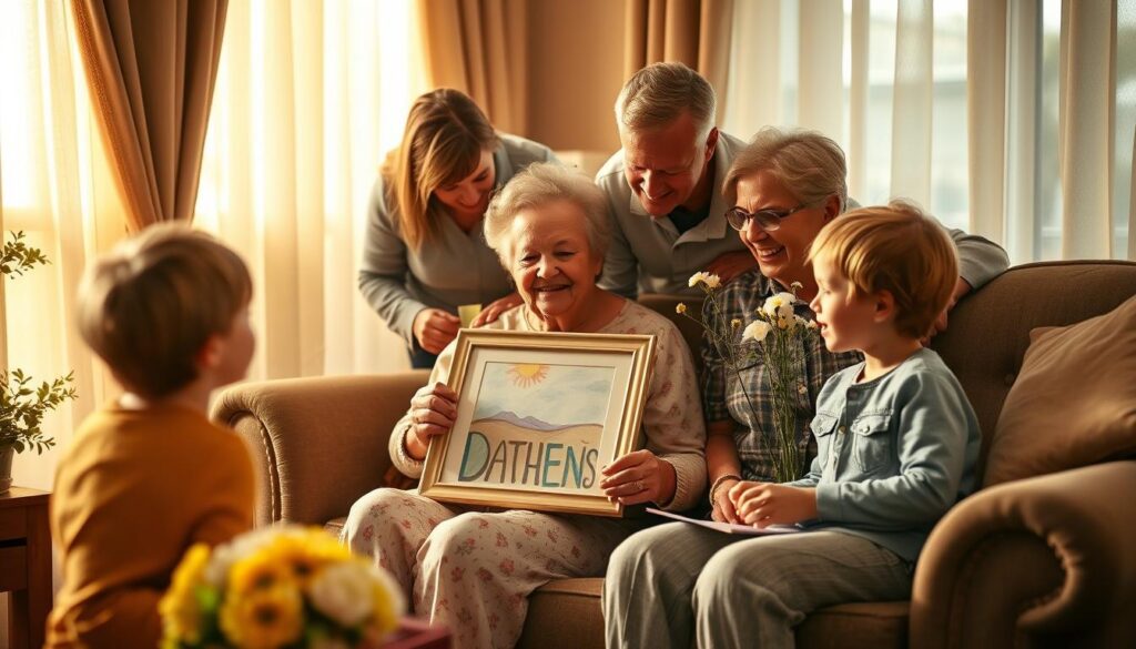 A warm, intimate Mother's Day celebration with grandma, surrounded by handmade gifts and heartfelt shared moments. The living room is bathed in soft, golden light that filters through sheer curtains, creating a cozy, inviting atmosphere. Grandma sits comfortably in her favorite armchair, admiring a framed painting made by her grandchild. The child proudly presents a homemade card and a delicate bouquet of freshly picked wildflowers. Family members gather closely, exchanging smiles and laughter as they recount cherished memories together. The scene exudes a sense of familial love, gratitude, and the special bond between generations.