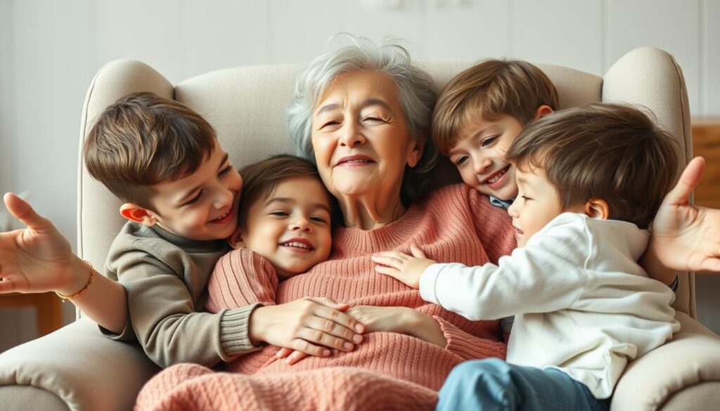 A warm, intimate portrait of a grandmother and her grandchildren, captured in soft, natural lighting. The grandmother sits in a cozy armchair, her arms open wide as the grandchildren snuggle up to her, their expressions radiating joy and comfort. The scene exudes a sense of familial bonding, with the grandmother's gentle gaze and the children's affectionate gestures conveying the deep, cherished connection between them. The background is blurred, keeping the focus on the tender moment unfolding, creating a timeless, heartwarming tableau.