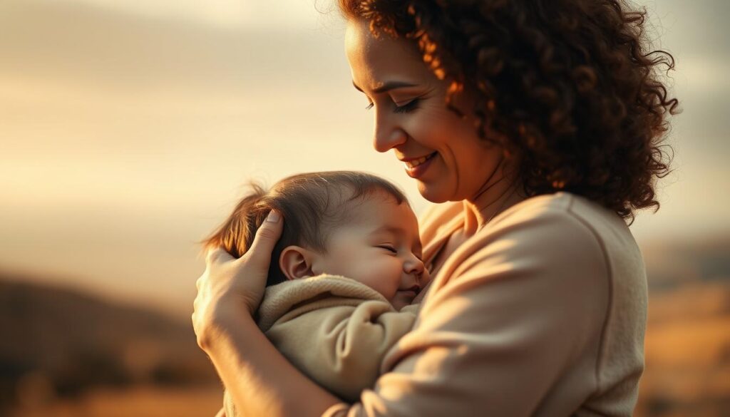 A warm, intimate portrait of a loving mother cradling her child in a serene, tender moment. The foreground features the mother's gentle embrace, her expression radiating a profound, unconditional love. The child's face is nestled lovingly against the mother's, their connection palpable. The middle ground is softly blurred, creating a sense of intimacy and focus on the central figures. The background is a tranquil, ethereal landscape, with muted hues and a soothing, dreamlike quality, evoking a timeless, timeless setting. The lighting is soft and diffused, casting a warm, glowing aura around the pair, highlighting the profound emotional connection between mother and child.