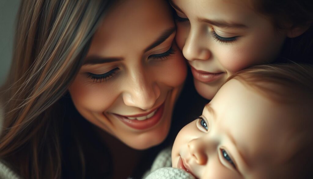 A warm, intimate portrait of a mother and child, their bond expressed through the power of words. Soft, diffused lighting illuminates their faces, conveying a sense of tenderness and emotional connection. The mother's expression radiates love and understanding, while the child's gaze is filled with trust and admiration. The background is blurred, keeping the focus on the central figures and the intangible yet profound communication between them. Subtle, textured brush strokes and a muted color palette evoke a timeless, contemplative mood, highlighting the profound impact of language in the profound relationship between a mother and her child.