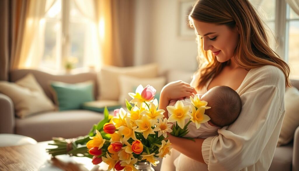 A warm, intimate scene of a first Mother's Day celebration for new mothers. In the foreground, a young woman holds her newborn baby, gazing down at them with a serene, loving expression. The soft, diffused lighting creates a gentle, glowing atmosphere, casting a halo-like effect around the pair. In the middle ground, a bouquet of vibrant spring flowers - lilies, tulips, and daffodils - sits on a wooden table, a thoughtful gift from adoring family. The background is a cozy, sun-dappled living room, with plush textiles and natural textures creating a comforting, nurturing environment. An image that captures the joy, tenderness, and quiet pride of a new mother on her first Mother's Day.
